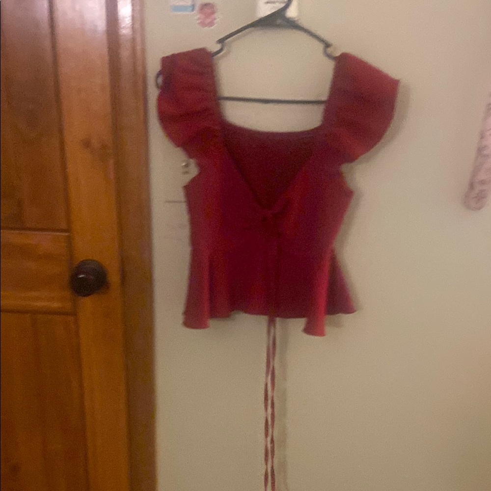 Red Ruffled Tie Front Blouse